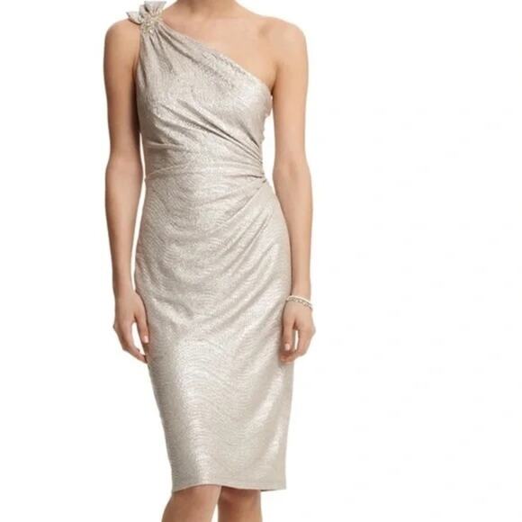 David Meister Women’s Gold One Shoulder Party Dress Size 2 - Picture 4 of 9
